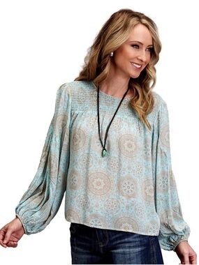 STETSON WOMEN'S LONG SLEEVE MEDALLION PRINT SHIRT BLOUSE L